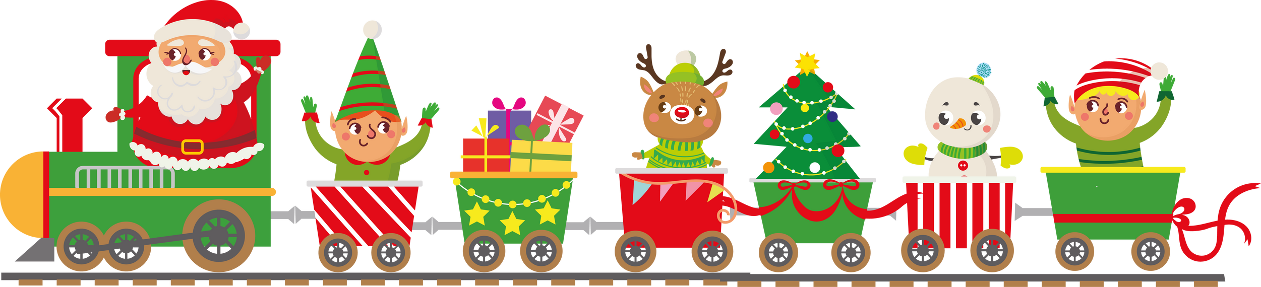 Santa Claus with Elves, deer and snowman on train